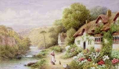 Cottages by a Stream by Romanticism