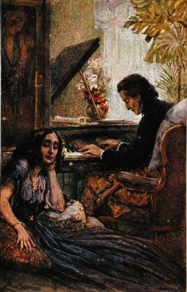 Postcard depicting George Sand 1804-76 listening to Frederic Chopin 1810-1849 play the piano by Romanticism