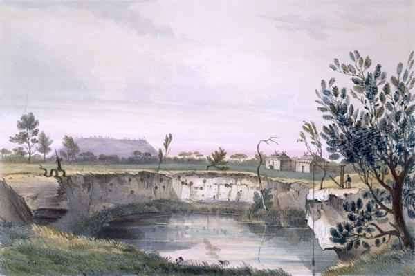 Messrs' Arthur's Sheep Station, with one of the volcanic wells. Mount Schank in the distance - early morning, from 'South Australia Illustrated' by Romanticism