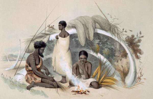 Natives of Encounter Bay, making cord for fishing nets in a hut formed from the ribs of a whale by Romanticism