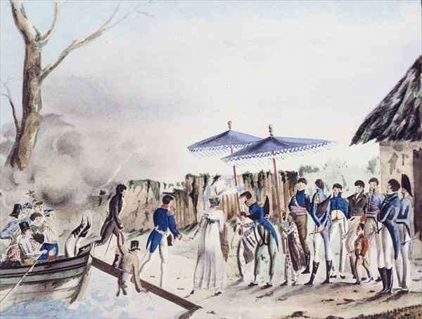 Rose de Freycinet and her Husband Arriving at Diely, Timor, from 'Journal de voyage autour du monde a bord de l'Uranie, 1817-1820' by Romanticism