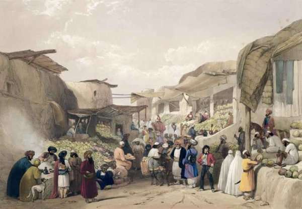 The Main Street in the Bazaar at Caubul, in the Fruit Season, from 'Sketches in Afghau by Romanticism