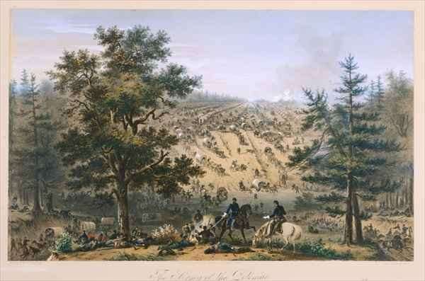 Expansive Civil War view of long supply trains approaching and crossing a stream by Romanticism
