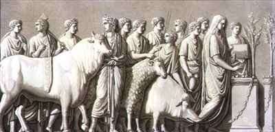 Bas relief of a bull, a ram and a boar led to a votive altar by Romanticism