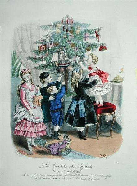 Decorating the Christmas Tree, advertisment for 'La Toilette des Enfants', 1872 by Romanticism