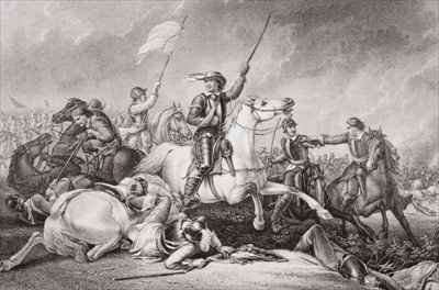 Cromwell leading a charge after being wounded in his right arm at the Battle of Marston Moor by Romanticism