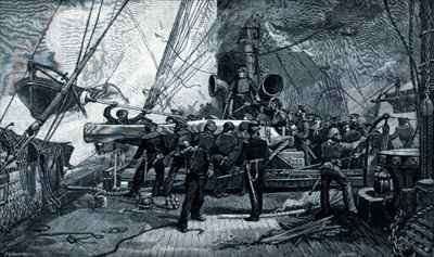 The eleven inch forward pivot gun on the Kearsarge in action by Romanticism