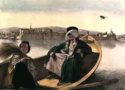 Voyage to Athens and Constantinople palace and fortress of Janina viewed from the lake a Turk and a young Greek by Romanticism