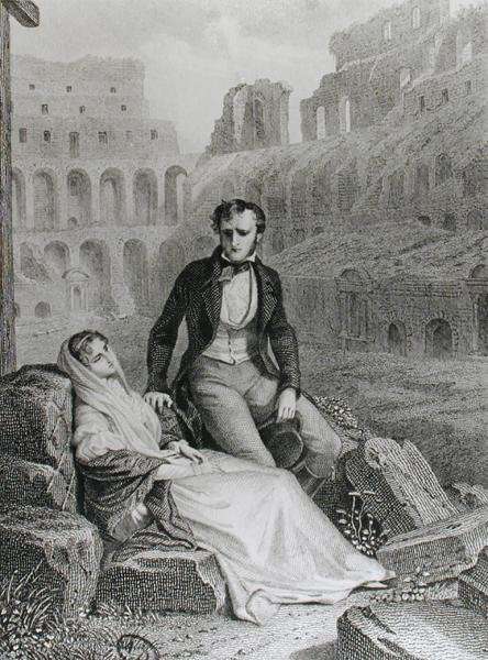 Francois Rene 1768-1848 Vicomte de Chateaubriand and Pauline de Beaumont in the ruins of the Colosseum, illustration from Memoires d'Outre-Tombe by Chateaubriand, engraved by Jean Charles Pardinel 1808-c.1861 by Romanticism