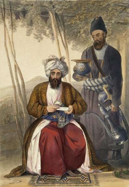 Mahommed Naib Shurreef, a Celebrated Kuzzilbach Chief of Caubul and his Peshkhidmut or Head Attendant, plate 15 from Scenery, Inhabitants and Costumes of Afghanistan, engraved by Robert Carrick c.1829-1904 1848 by Romanticism