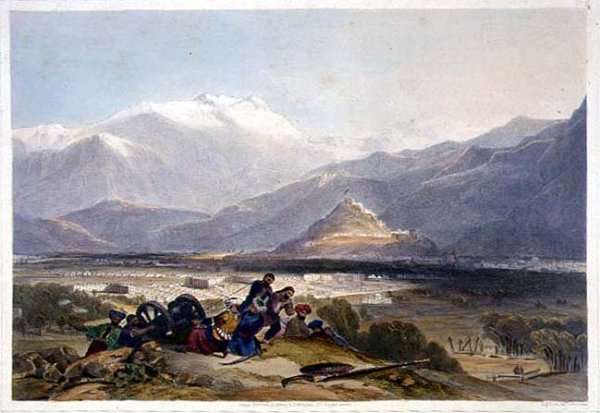 Bala Hissar and City of Kabul with the British Cantonments from the Ba Maroo Hill, Hostilities Commencing, plate 16 from 'Scenery, Inhabitants and Costumes of Afghanistan, engraved by R. Carrick c.1829-1904, 1848 by Romanticism