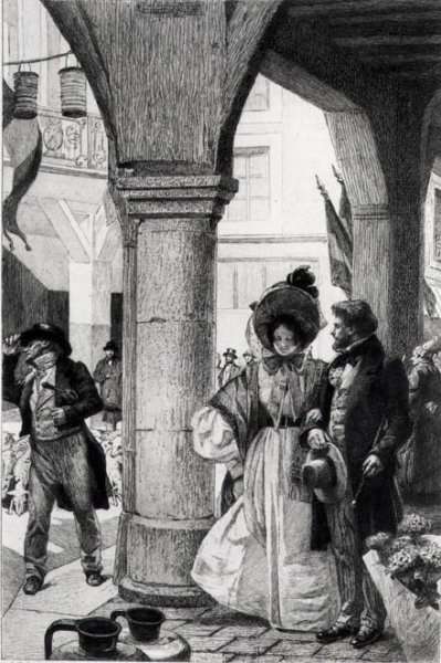 Emma Bovary walking with a companion from Madame Bovary by Gustave Flaubert, engraved by Carlo Chessa 1855-1925, 1906 by Romanticism