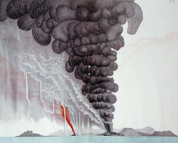 The eruption of the Santorini volcano, illustration from Etudes sur les Volcans by the artist, engraved by Druck and Arnold, 1881 by Romanticism