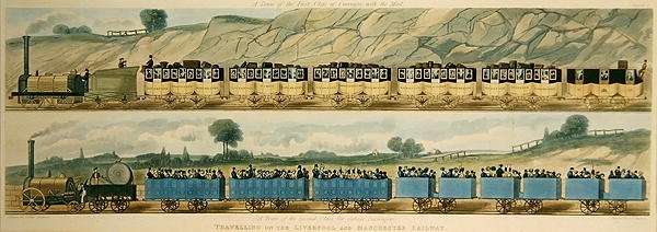 Travelling on the Liverpool and Manchester Railway A Train of the First Class of Carriages with the Mail, and A Train of the Second Class for Outside Passengers, engraved by S.G. Hughes, 1831 by Romanticism