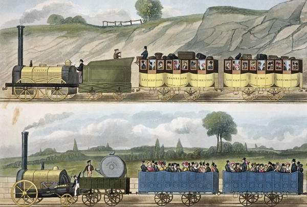 A Train of the First Class top and a Train of the Second Class bottom from Coloured View of the Liverpool - Manchester Railway, engraved by S.G. Hughes, published by Ackermann & Co., London, 1832-33 by Romanticism