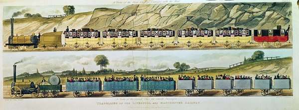 Travelling on the Liverpool and Manchester Railway A Train of the First Class of Carriages with the Mail, and A Train of the Second Class for Outside Passengers, engraved by S.G. Hughes, pub. by R. Ackermann, 1831 by Romanticism