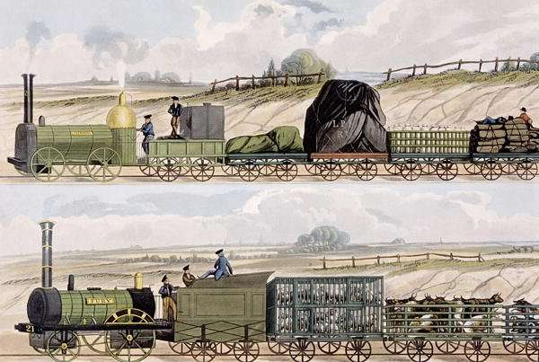 A Train of Wagons top and a Train of Cattle, Sheep and Pigs bottom from Coloured View of the Liverpool - Manchester Railway, engraved by S.G. Hughes, published by Ackermann  Co., London, 1832-33 by Romanticism