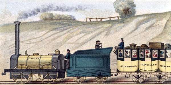 Travelling on the Liverpool and Manchester Railway, detail of the locomotive Jupiter, engraved by S.G. Hughes, c.183 by Romanticism