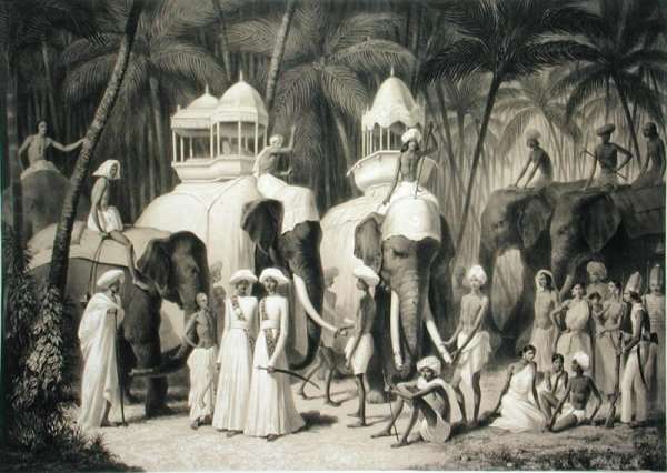 Elephants of the Raja of Travandrum, from Voyage in India, engraved by Louis Henri de Rudder 1807-81 by Romanticism