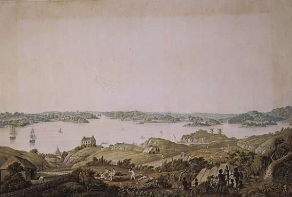 Part of the harbour of Port Jackson and the country between Sydney and the Blue Mountains, New South Wales, right section of a panoramic view, c.1821 by Romanticism
