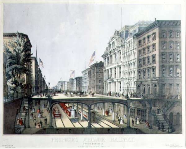 Proposed Arcade Railway, under Broadway, view near Wall Street, pub. by Ferd. Mayer and Sons, New York, 1869 by Romanticism