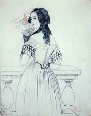 George Sand 1804-76 with a fan 1833 by Romanticism
