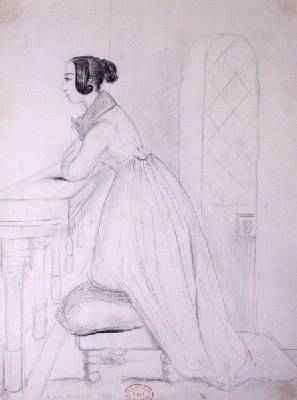 George Sand 1804-76 kneeling on a pouffe and with her elbows on a balustrade 1833 by Romanticism