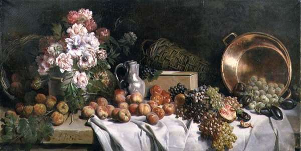 Still life with flowers and fruit on a table by Romanticism