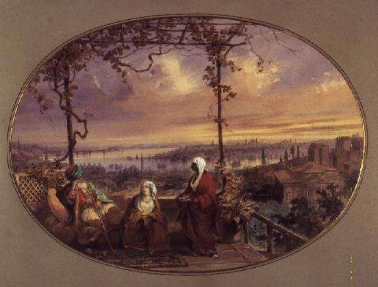 View from terrace of a house in Galata, with a Turk, his wife and servant looking towards the mouth of the Golden Horn and Bosphorus by Romanticism