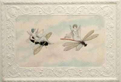 Two fairies flying through the air one seated on a bee and the other on a dragonfly 1817-29 by Romanticism