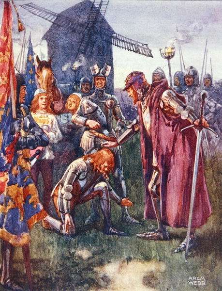 The Prince to his Father kneels lowly: His is the battle - his wholly illustration from Ballads of Famous Fights, c.1900 by Romanticism