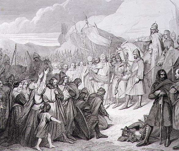 Charlemagne receives the Surrender of Witikind sic at Paderborn in 785, engraved by Joubert by Romanticism