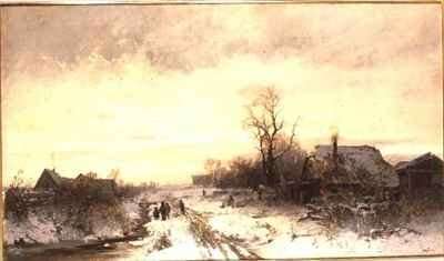 Children playing in a winter landscape by Romanticism