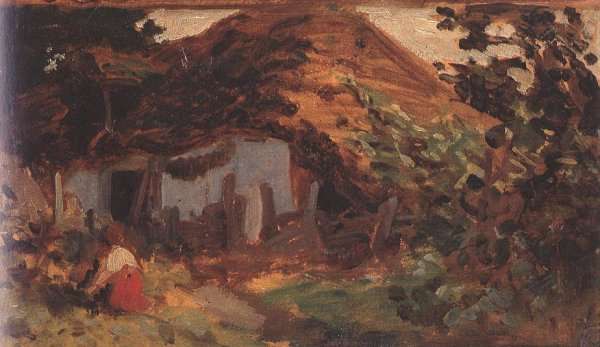 Farm-yard with Girl in Red Skirt 1885-90 by Romanticism