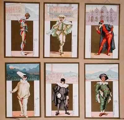 Set of six vignettes depicting characters from the Commedia dell'Arte by Romanticism