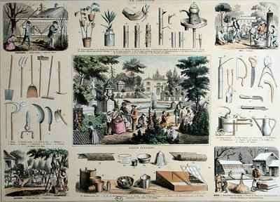 Educational depiction of gardening, with illustrations of garden tools and scenes showing the appropriate activities for each season by Romanticism