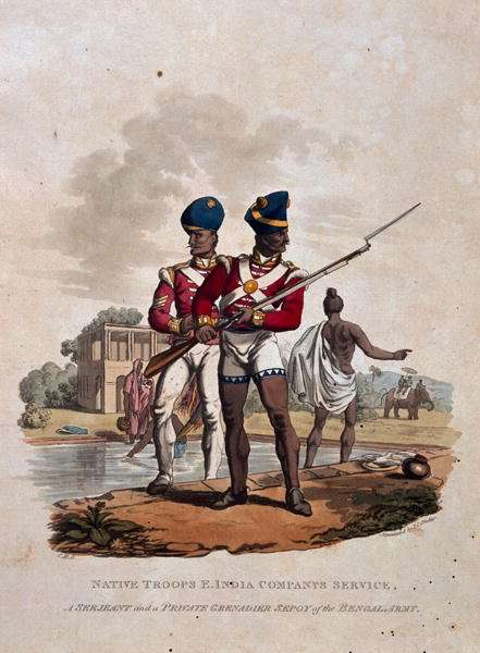 Native Troops, East India Companys Service, A Sergeant and a Private Grenadier Sepoy of the Bengal Army, from Costumes of the Army of the British Empire, according to the last regulations 1812, published by Colnaghi and Co. 1812-15 by Romanticism