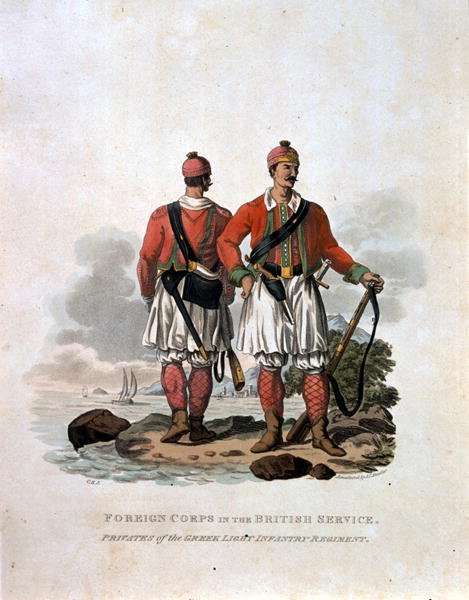 Foreign Corps in the British Service, Privates of the Greek Light Infantry Regiment, from Costumes of the Army of the British Empire, according to the last regulations 1812, engraved by J.C. Stadler, published by Colnaghi and Co. 1812-15 by Romanticism