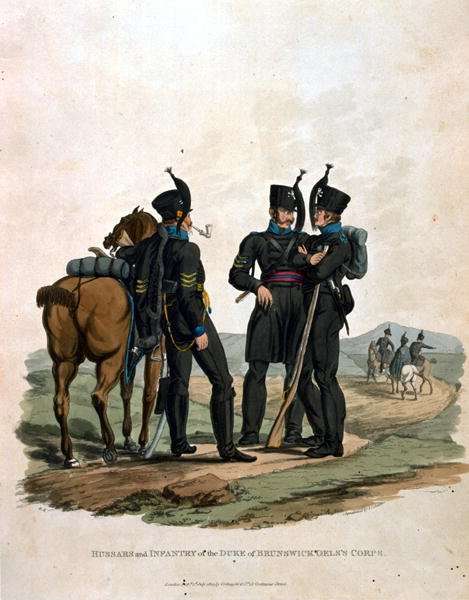 Hussars and Infantry of the Duke of Brunswick Oelss Corps, from Costumes of the Army of the British Empire, according to the last regulations 1812, engraved by J.C. Stadler, published by Colnaghi and Co. 1812-15 by Romanticism