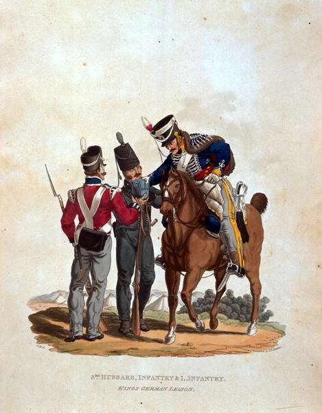3rd Hussars, Infantry and Light Infantry, Kings German Legion, from Costumes of the Army of the British Empire, according to the last regulations 1812, engraved by J.C. Stadler, published by Colnaghi and Co. 1812-15 by Romanticism