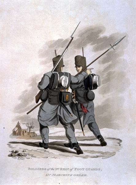 Soldiers of the 1st Regiment of Foot Guards in Marching Order, from Costumes of the Army of the British Empire, according to the last regulations 1812, engraved by J.C. Stadler, published by Colnaghi and Co. 1812-15 by Romanticism