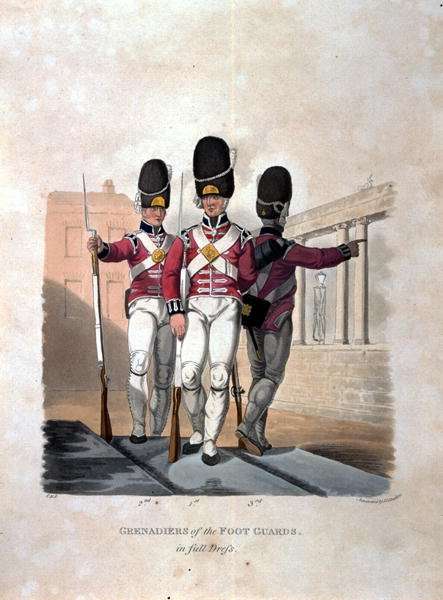 Grenadiers of the Foot Guards in Full Dress, from Costumes of the Army of the British Empire, according to the last regulations 1812, engraved by J.C. Stadler, published by Colnaghi and Co. 1812-15 by Romanticism