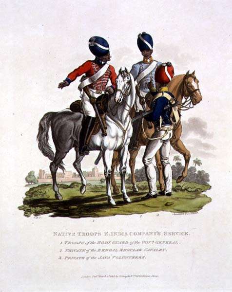 Native Troops in the East India Companys Service a Trooper of the Body Guard of the Governor General, a Private of the Bengal Regular Cavalry and a Private of the Java Voluntary, engraved by Joseph Constantine Stadler, 1815 by Romanticism