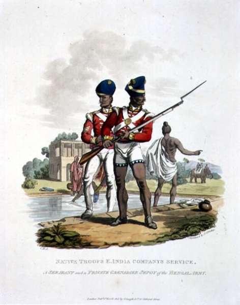 Native Troops in the East India Companys Service a Sergeant and a Private Grenadier Sepoy of the Bengal Army, engraved by Joseph Constantine Stadler, 1815 by Romanticism