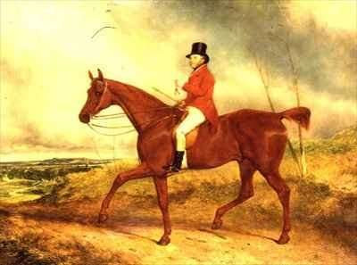 The Hounds are late this morning Luke Hopkinson on his favourite chestnut hunter with a hunt beyond probably the Barclay Hunt by Romanticism
