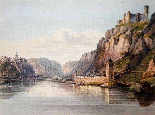 St. Goarshausen, St. Goar and Rheinfels, engraved by T. Sutherland, from A Picturesque Tour along the Rhine, from Mentz to Cologne, published by R. Ackermann, London, 1819 by Romanticism