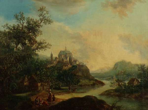 A Rhineland View with Figures in the foreground and a Fortified Town on a Hill Beyond by Romanticism