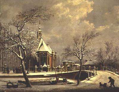 Dutch church beside a frozen canal by Romanticism