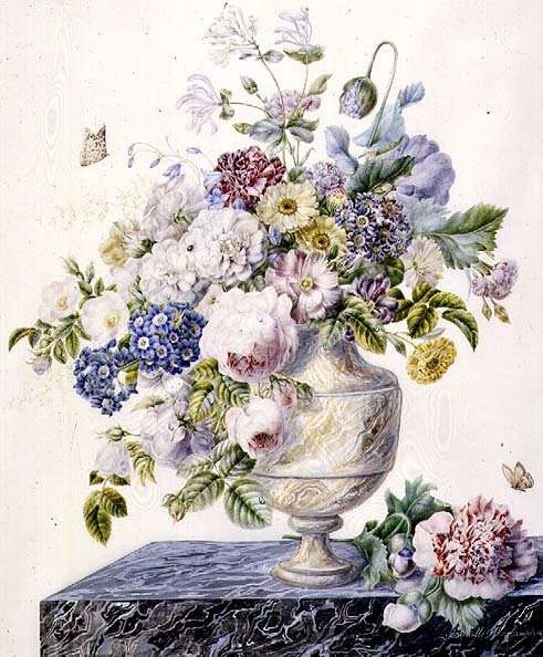 A marble vase of mixed flowers on a marble shelf, c.1800 by Romanticism