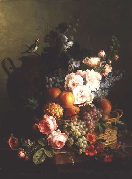 Still Life of Fruits and Flowers in a Wicker Basket on a Ledge. by Romanticism